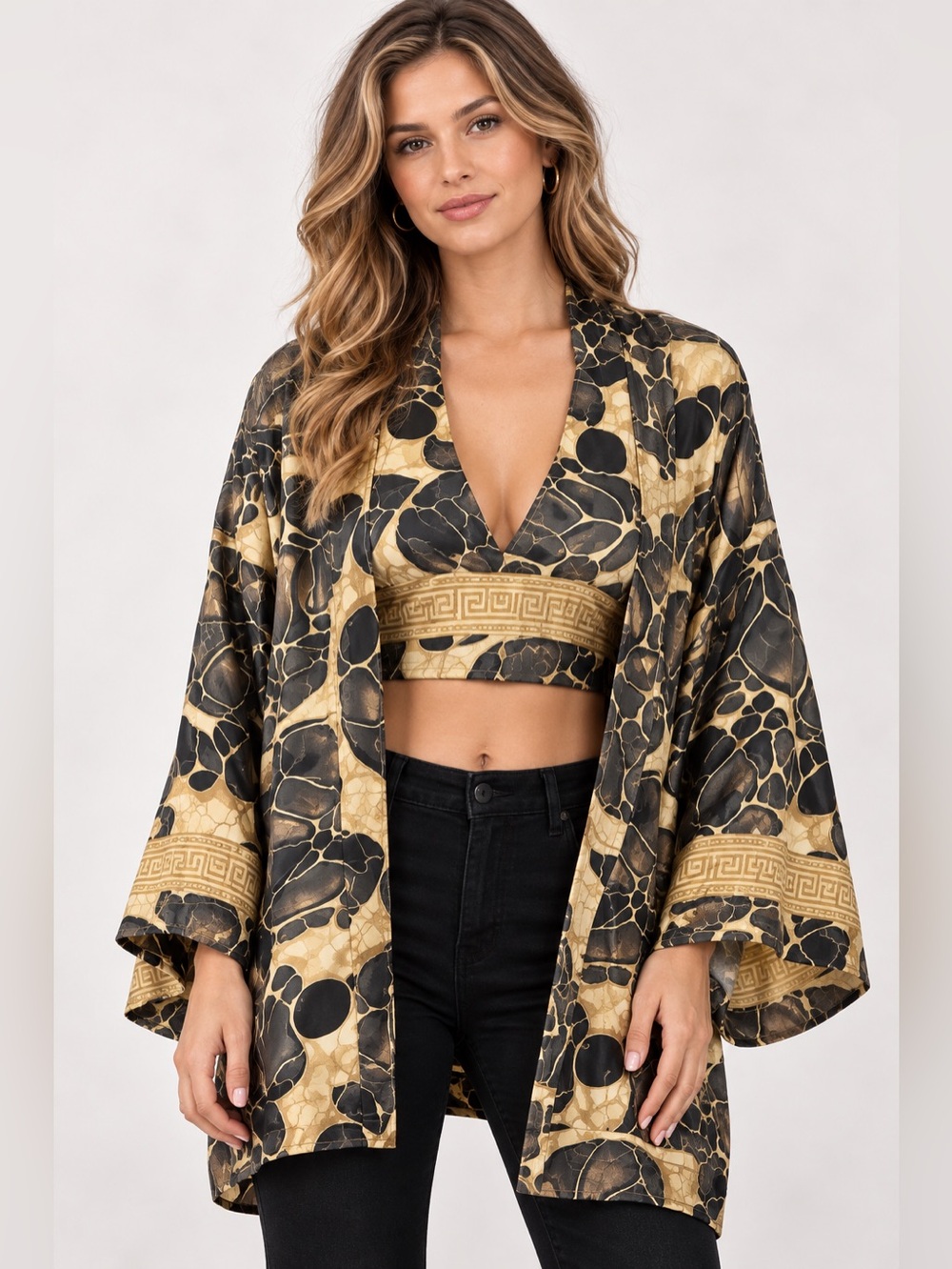 100% Silk Ibiza Beach Blouse top with Jacket Kimono Boho‎ Top Gold threading  OS